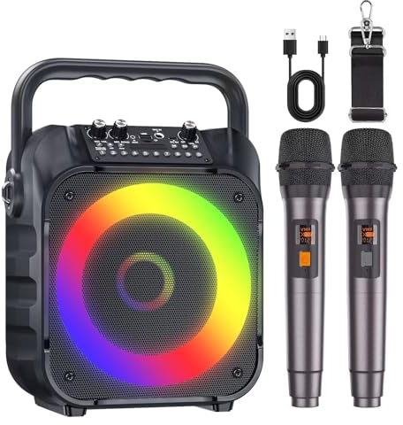 Karaoke Machine with Two Wireless Microphones, Portable Karaoke Machine for Adults & Kids, Portable Bluetooth Speaker with PA System, LED Lights, Supports TF Card/USB, AUX in, FM, USB,TWS (Black)