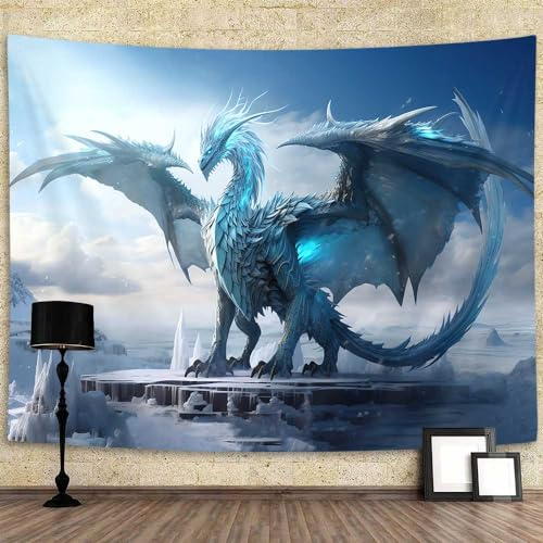 YDIDIAN Blauer Drachen-Wandteppich, mittelalterliche Fantasie-Tiere, cooler Drachen-Wandteppich, Winterschneeregionen, Kunst, Ästhetik, Wanddekoration, Wandbehang für Zuhause, Studentenwohnheim,