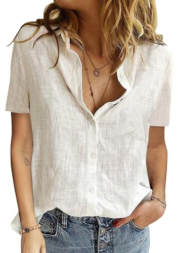 PASUDA Damen Bluse Sommer Elegant Baumwolle Leinen Hemd Kurzarm Oberteile V-Ausschnitt Button-Down Blusen Casual Hemdbluse Basic Revers Shirts Tunika Tops (Weiß, M)