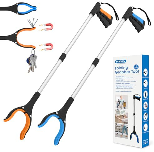 REWKCY 34 Grabber Reacher Tool, 2-Pack Foldable Reacher Grabber Pickup Tool with 360° Rotating Jaw & Magnets, Grabber Tool Heavy Duty