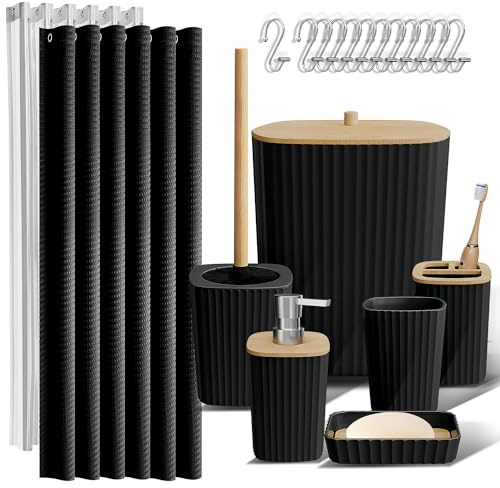 Clara Clark Bathroom Accessories Set - Bathroom Set, Bathroom Accessory Set, Shower Curtain Set, Toilet Brush, Trash Can & Soap Dispenser - Black - 20PC