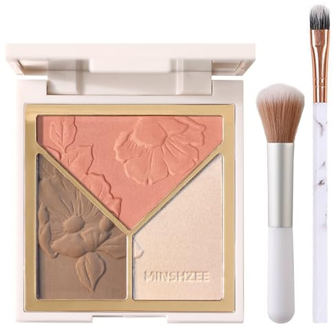 EONFAVE Paletta illuminante, 3 in 1, evidenziatore in polvere opaca per il trucco, evidenziatore contouring blush, polvere liscia, 3 in 1, con specchio e spazzola
