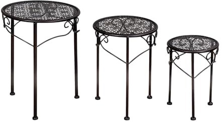 Set di 3 sgabelli per fiori in metallo nero, supporto per piante marrone, rotondo, decorazione da giardino
