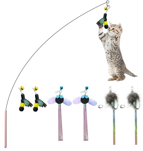 LunaNeige Jouets Interactifs de Petite Taille pour Chats d'intérieur avec Clochette Ensemble de 6 pièces à Plumes et 1 Tig en Fil d’Acier 7 en 1
