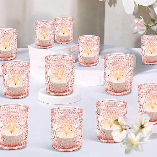 Lot de 24 photophores en verre pour décoration de mariage, photophores roses avec gaufrage, pour église, anniversaire, table à manger et maison, Noël (colonne)