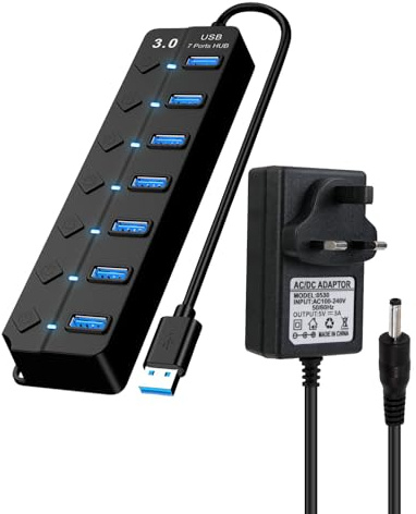 USB 3.0 Hub Powered 7-Port Splitter with 5V3A Power Supply Adapter Individual On/Off Switches and Lights Extension High-Speed Data for Apple MacBook Air MacBook Pro Mac iMac Mac Pro Windows
