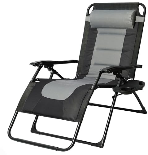 T-ZBDZ Sdraio da Giardino, Sedia Pieghevole Gravità Zero da Esterno con Portabicchieri e Poggiatesta Regolabile, Sdraio Lettino Prendisole, Poltrona Relax Reclinabile per Terrazzo Patio Balcone,grigio