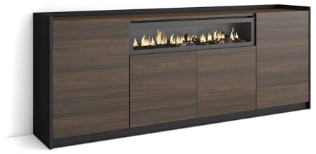 Skraut Home | Aparadores para salón | Gran Capacidad de almacenaje | 207x80x37 cm | 4 Puertas | Chimenea eléctrica | Estilo Moderno | Roble Oscuro y Negro