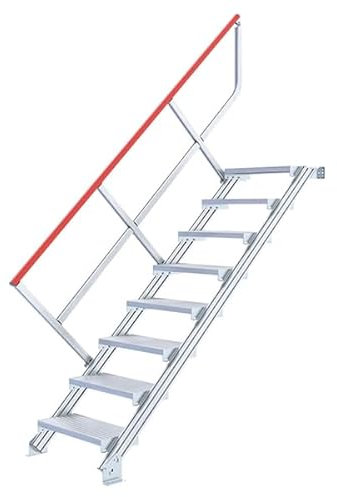 Hymer Treppe stationär ohne Podest, Treppenneigung 45 Grad, Stufen-B. 800 mm, -T. 250 mm, 1-seitiger Handl auf, 8 Stufen, senkr. höhe 1,68 m, Gewicht 37 kg