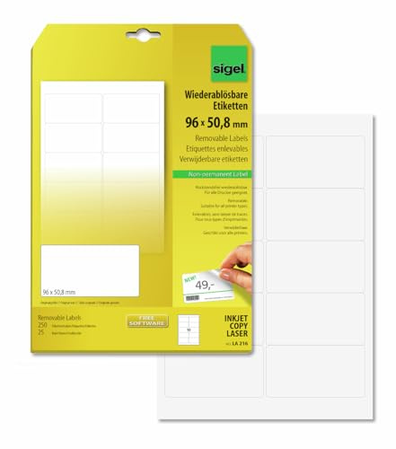 SIGEL Ablösbare Etiketten 96 x 50,8 mm 250 Etiketten | LA216, Für temporäre Kennzeichnungen und Beschriftungen