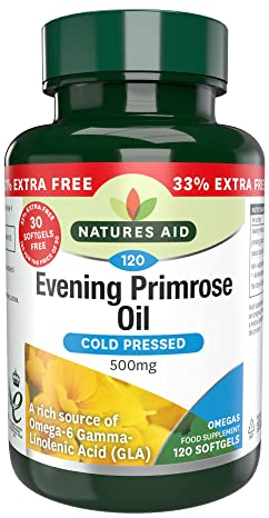 Natures Aid Evening Primrose Oil 500mg – Cold Pressed Omega-6 GLA – Supports Hormonal Balance, Skin Health & Anti-Inflammatory Function – Non-GMO, Gluten-Free – 120 Softgels