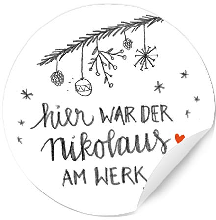 24 matte Nikolausaufkleber für Socken & Nikolausstiefel - NIKOLAUS AM WERK - im Handlettering Design, Bleistift Optik, Weiß Grau Rot