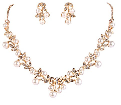 EVER FAITH Kristall Simulierte Perle Hochzeit Blatt Rebe Bowknot Halskette Ohrringe Set Klar