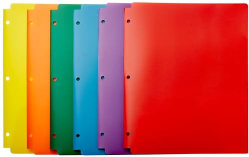 Amazon Basics Plastic 3 Hole Punch Folders with 2 Pockets, 8.5 x 11 inches, Pack of 6, Assorted Color