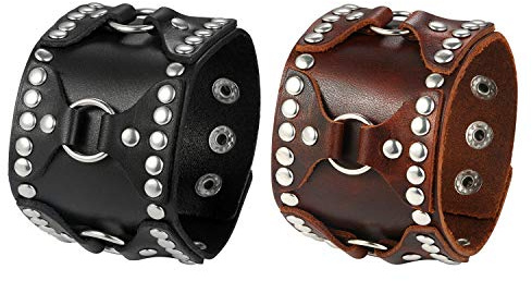 JewelryWe Schmuck Herren Retro Breit Lederarmband Punk Rock Ring Kreis Nieten geflochten Leder Armreif Manschette Druckknopf Biker Armband verstellbar Schwarz/Braun