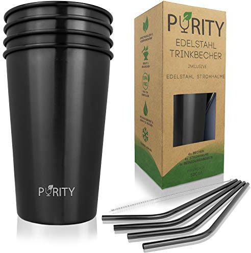 Purity Edelstahl Trinkbecher - 4 wiederverwendbare Metall-Becher mit 4 Edelstahl Strohhalmen für Softdrinks, Cocktails, Moscow Mule & Smoothies | Ideal für Kinder, Reisen und Partys (Schwarz)