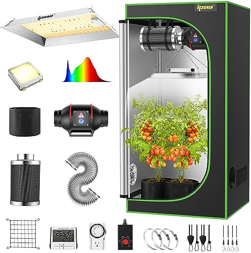 IPOW Grow Tent Kit Komplettsystem 0,6 x 0,6 m mit VS1000 LED-Wachstumslicht, 10,2 cm 190 CFM Inline-Ventilator, Kohlefilter und 2,4 m Luftführungs-Kombination, 61 x 61 x 139,7 cm