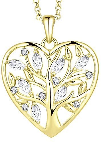 JO WISDOM Collana Albero della vita Cuore Argento 925 5A Zirconia Cubica Donna con Placcato in Oro Giallo,Ciondolo con Catena