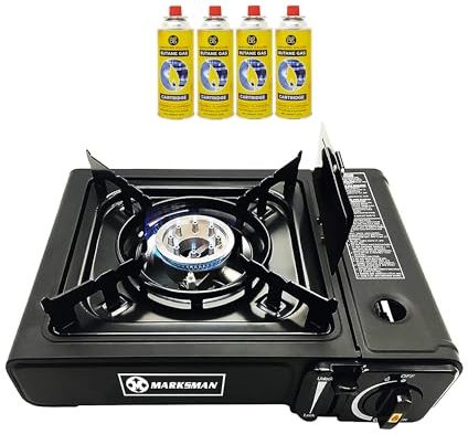Portable Gas Cooker Camp Stove + 4 Butane Gas Canisters - For Outdoor Cooking, Camping, Fishing & BBQ | Premium Burner, Automatic Ignition & Heat Control, EN417 Compliant - Black Grill & Carry Case