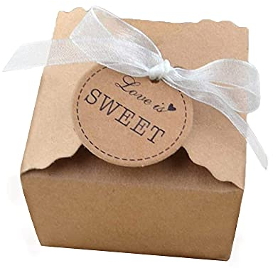 50 Stück Kraftpapier Box, Karton Geschenkboxen Braun, Karton Faltschachtel Geschenkkarton, Vintage Kraft Geschenkboxen, mit 50 Chiffon und 50 Anhängern, für Geschenke, Party, Geburtstag