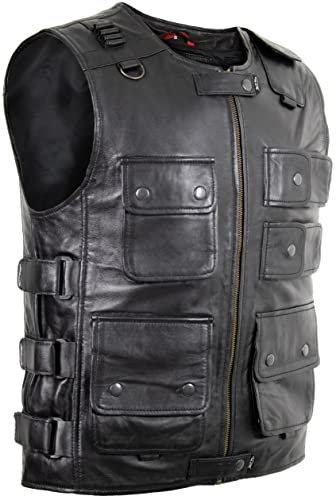 MDM Gilet da motociclista leggero con molte tasche in vera pelle nappa d'agnello, Nero , S