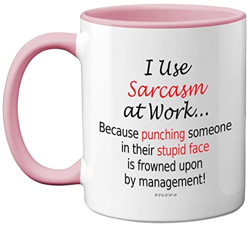 Funny Mugs, I Use Sarcasm at Work | Desk Novelty Mugs for Colleagues, Secret Santa, Christmas Birthday Gifts, 11oz Dishwasher Safe Pink Handle Mug