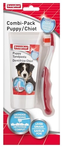 Beaphar - Combi-Pack Chiot: Cepillo de dientes + Dentífrico Haleine Fresca para perro (tubo de 50 g) – Elimina la placa dental – Evita la formación de Tartre – Combate la malva Haleine