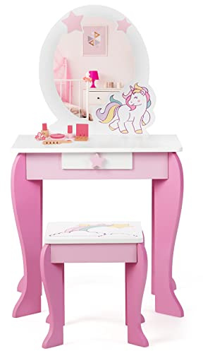 RELAX4LIFE Toeletta da Trucco con Sgabello per Bambini, Scrivania con Specchio Rotondo Rimovibile, Cassetto con Manopola a Stella, Scrivania e Sedia per Cameretta, Modello Unicorno (Rosa)