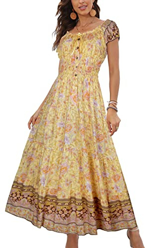 OSTOO Vestido Largo de Verano de Manga Corta para Mujer, Estilo Bohemio, Estampado Floral, Escalonado, Casual, con Vuelo, Flor Amarilla, XL