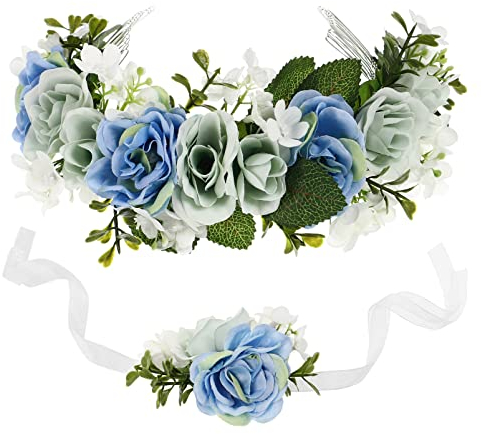 Blumenkranz Krone Stirnband, Blumen Stirnbänder Rose Braut Haarschmuck Blumenkranz Haar Braut Haarschmuck mit Armband- Set Damen Mädchen für Festival Party Hochzeit Strand