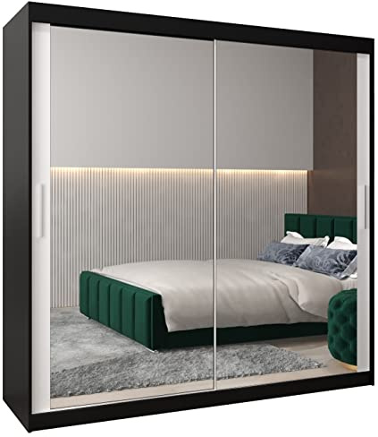 MEBLE KRYSPOL Tokyo 3 200 Schlafzimmerschrank mit Zwei Schiebetüren, Spiegel, Kleiderstange und Regalen – 200x200x62cm - Mattschwarz + Mattweiß