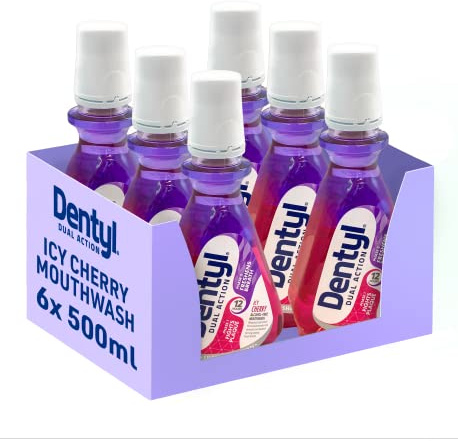 Dentyl Dual Action CPC Mouthwash, 12hrs Fresh Breath, Alcohol Free, ICY Cherry, Plaque-Reducing 6x500ml