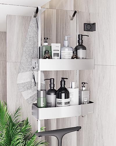 QUALISH® Duschablage zum Hängen - Duschregal zum Hängen an die Duschwand - Duschkorb zum Hängen inkl. Glasschutz und zusätzliche Haken - Duschablage Hängend - Duschablage ohne Bohren - Silber Metallic