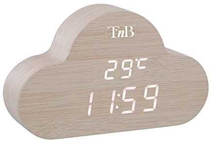 T'NB - Idee Regalo Noel, Sveglia Digitale Nuvola in Legno con LED, Sveglia Multifunzione, Orologio Digitale con Visualizzazione Dell'ora, Illuminazione Regolabile, 3 Allarmi Programmabili - Finitura