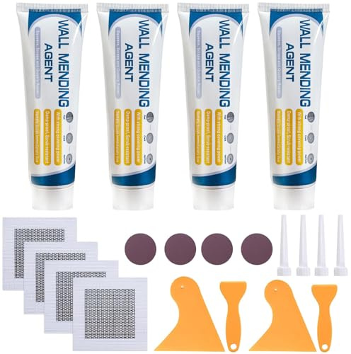 Deuvuo 4 Pack Wall Repair Kit with 2 Drywall Patch, Spackle Polyfiller, Sandpaper, Scraper for Holes, Cracks, Graffiti, Ceiling - Ready Mixed Plaster Filler Kit (White)