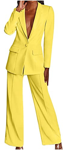 EMATOP Tuta lunga da donna, 2 pezzi, da lavoro, casual, a maniche lunghe, elegante, tinta unita, blazer e pantaloni, sexy, per il tempo libero, con tasche, giallo., S