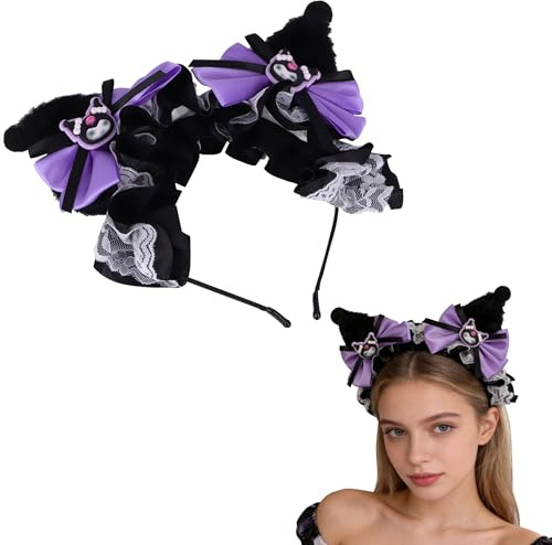Roffatide Anime Kuromi headband Hairpin Ohr Plüsch Haarband mit Bögen & Spitze Bänder Mädchen Kawaii Kostüm Halloween Weihnachtsfeiertag Geburtstagsgeschenk Schwarz