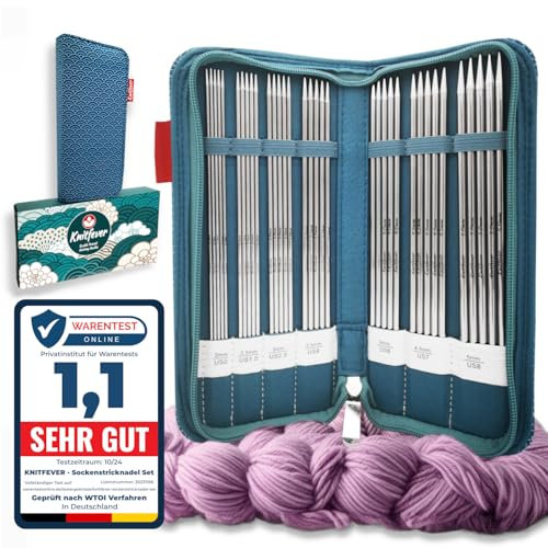 Knitfever® Stricknadelset Edelstahl – 35-teiliges Strick-Nadelspiel (20 cm), 7 Größen (2,0–5,0 mm), Stricknadeln für Socken, Handschuhe, Mützen & runde Projekte – Mit Aufbewahrungstasche