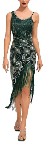 KBOPLEMQ Gatsby Costume Women's 1920s Vintage Flapper Charleston Dress - Evening Cocktail Party Sequins Tassels Hem Prom, O Green, S