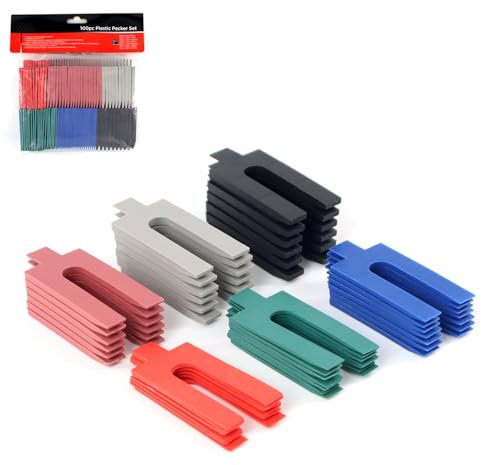 100pc Assorted Plastic Packers - Packing Spacers Set, 6 Sizes 1mm - 6mm Plastic Shims, Colour Coded and Easy to Fit, Ideal for Battens, Window Frame Fixing and Spacing
