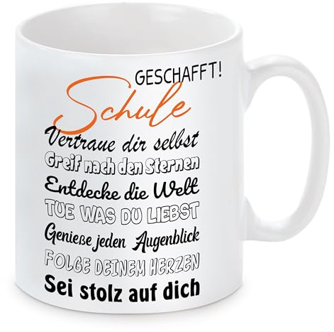 personalisierte Tasse zum Schulabschluss | Schule geschafft! | Keramiktasse für Schulabgänger und Prüfungsabsolventen | Spülmaschinenfest | hochwertiger Druck mit Wunschtext auf der Rückseite