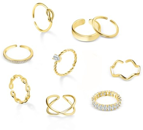 ALEXCRAFT Anillos Ajustables de Oro Para Mujer 10 Piezas Juego de Anillos de Oro Anillo Meñique Para Mujer Anillos Finos Dorados Para Todos Los Dedos De Los Pies Banda Para El Pulgar Bañado 14K