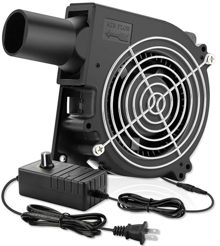 AmRunJe 120mm BBQ 12V Blower Fan with 110v-240v AC Plug Variable Speed Controller, Squirrel cage blower fan for Wood Stove, Outdoor Camping Charcoal Starter, Drum Smokers, Replacement Inflatables