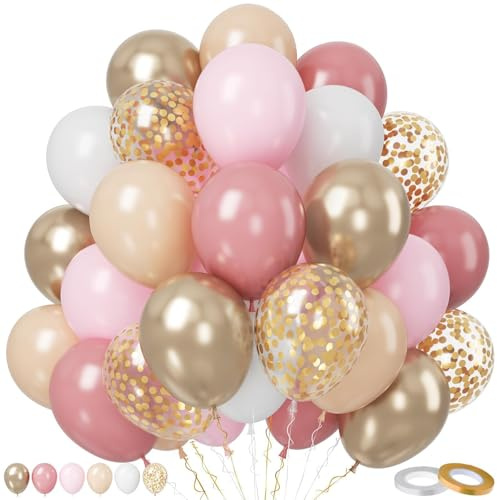 Paready Pink Balloons Set, 50 Pcs Pink and Gold Balloons, 12 Inch Dusty Pink Apricot Metallic Champagne Gold Confetti Balloon for Women Girls Baby Showr Bridal Shower Birthday Party Decorations