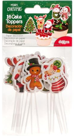 dekora - Stecchini di Natale in 8 Modelli - Topper per Decorare Cupcake, Muffin, Torte e Altri Dolci - Decorazioni Natalizie per Torte e Pasticceria - 16 Pezzi