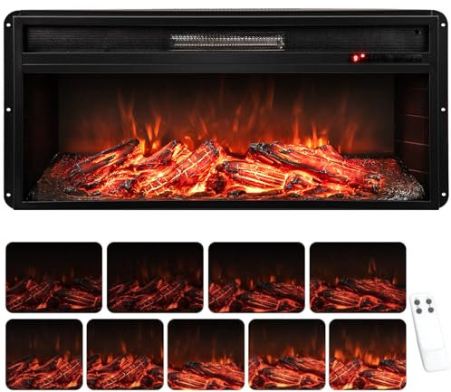 COSTWAY 36”/91cm Electric Fireplace, Recessed Freestanding Fire Heater with 1 Flame Color, 9 Brightness, Thermostat, Timer, Remote Control & Overheat Protection (36”, 900W/1800W, with Logs)