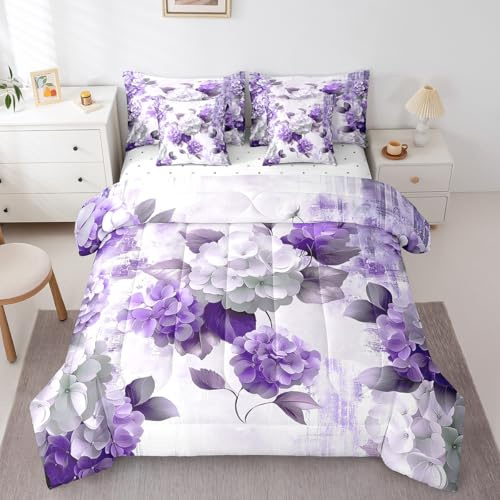 Chic Floral Bedding Comforter Sets 7pcs for Girls Women Hydrangea Flower Bed in a Bag, Purple Ombre Full Bedding Sets Gradient Oil Painting Comforter Set, Vintage Watercolor Bedding Sets & Collections