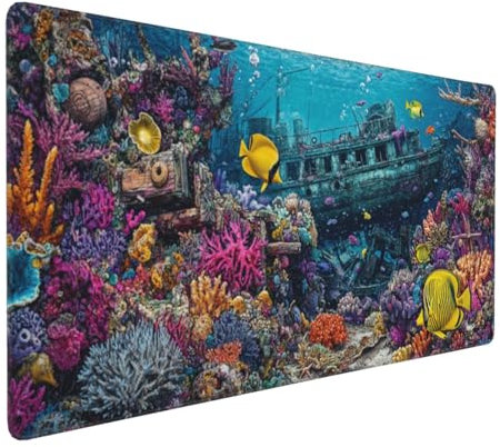 Gaming Mauspad XXL Unterwasserwelt Mousepad 1000x500x4mm Fisch Verlängertes Mauspad Schreibtischauflage,Genähte Kanten Mauspad,Verbessert Präzision Geschwindigkeit Wasserdicht Geeignet für Büro,Spiele