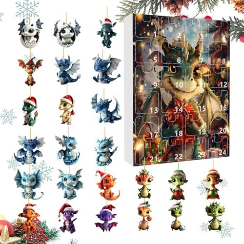 Drachen Adventskalender 2024, 24 Tage Weihnachten, Lustiges Drachen Set Zum Sammeln, Dinosaurier Adventskalender Mit 24 Einzigartigen 2DAcryl Drachen Ornamenten für Kinder und Erwachsene