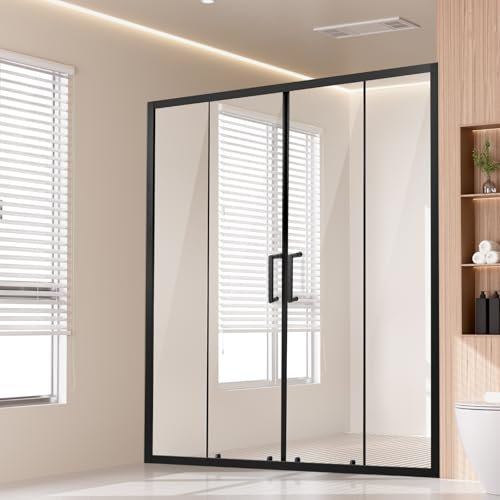 VEVOR Double Porte de Douche Coulissante 147x150x178 cm, Paroi de Douche en Verre Trempé de 6 mm, Étanche, Incassable, Résistant aux Taches, avec Quincaillerie en Acier Inoxydable, Noir Mat, Bain